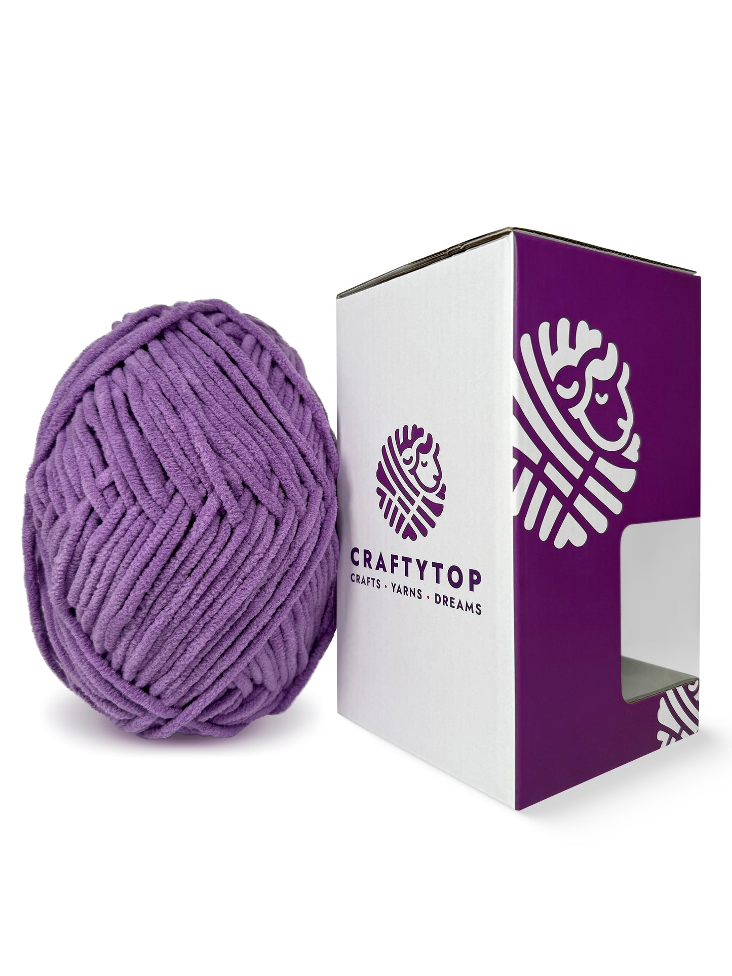 Craftytop velvet yarn in Violet Horizon color displayed outside the box, ideal for creating cozy knitting or crochet designs