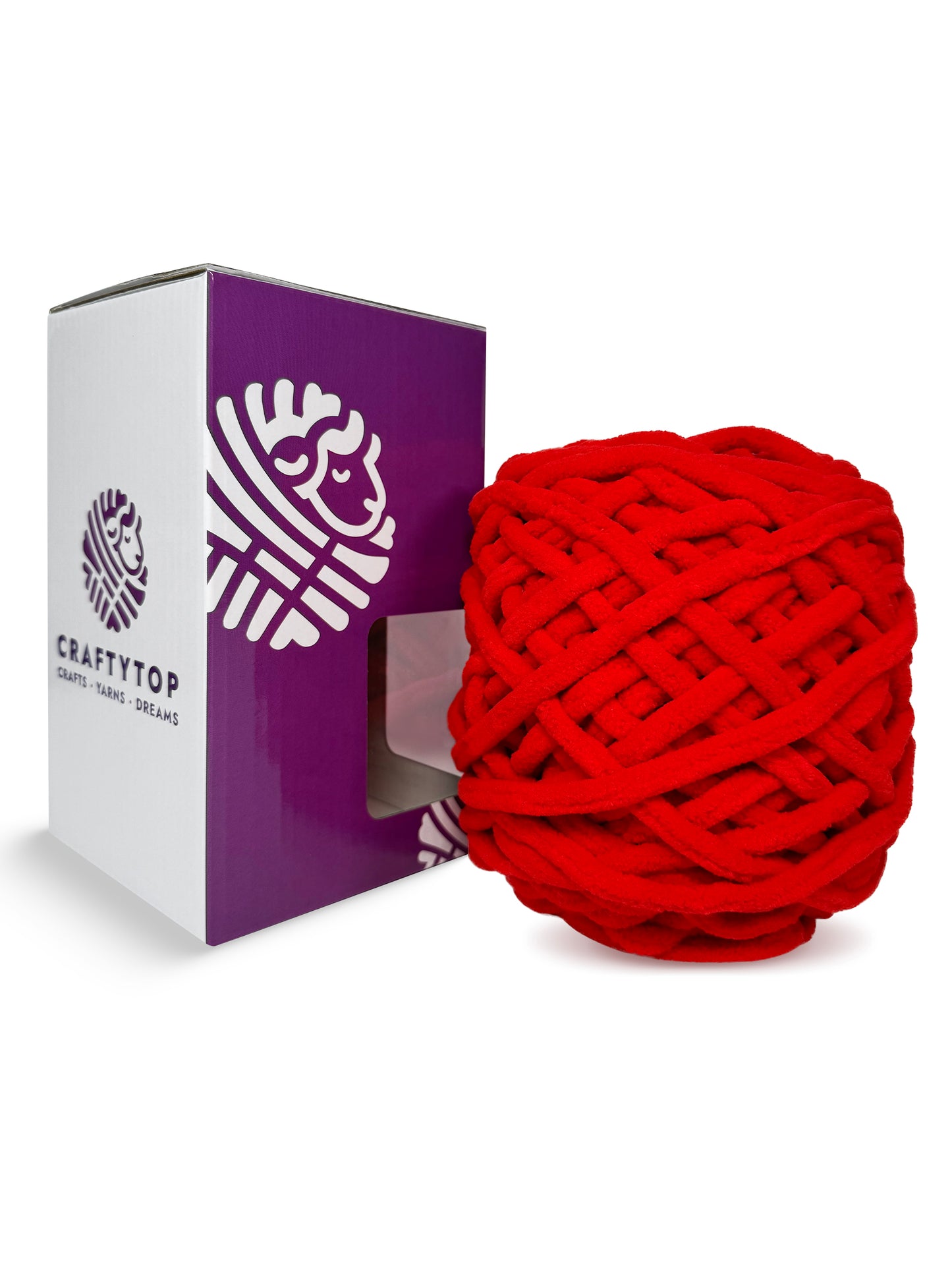 Red Kiss, a vivid red chenille yarn skein by Craftytop displayed outside the packaging, suitable for crafting blankets and scarves