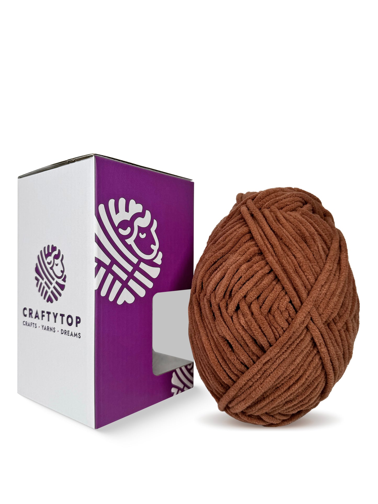 Craftytop velvet yarn in Walnut Shine color displayed outside the box, ideal for creating cozy knitting or crochet designs