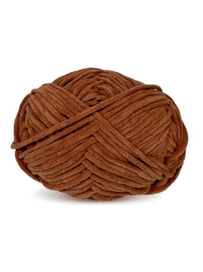 Close-up of the Craftytop velvet yarn in Walnut Shine color, showcasing its luxurious and plush brown texture