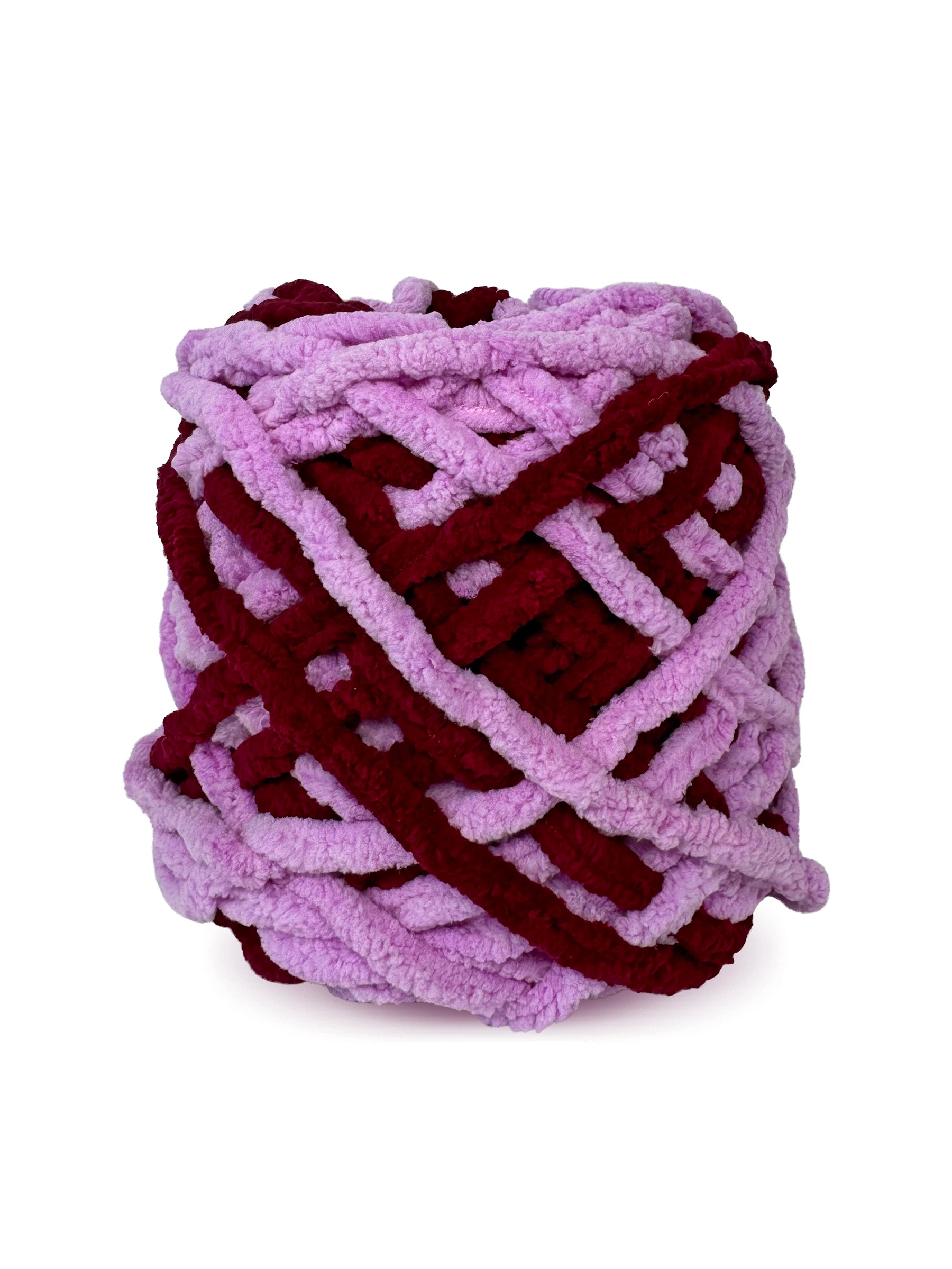 Close-up of Craftytop Cherry Blossom, a purple multicolor chenille yarn skein, highlighting its soft texture and plush fibers