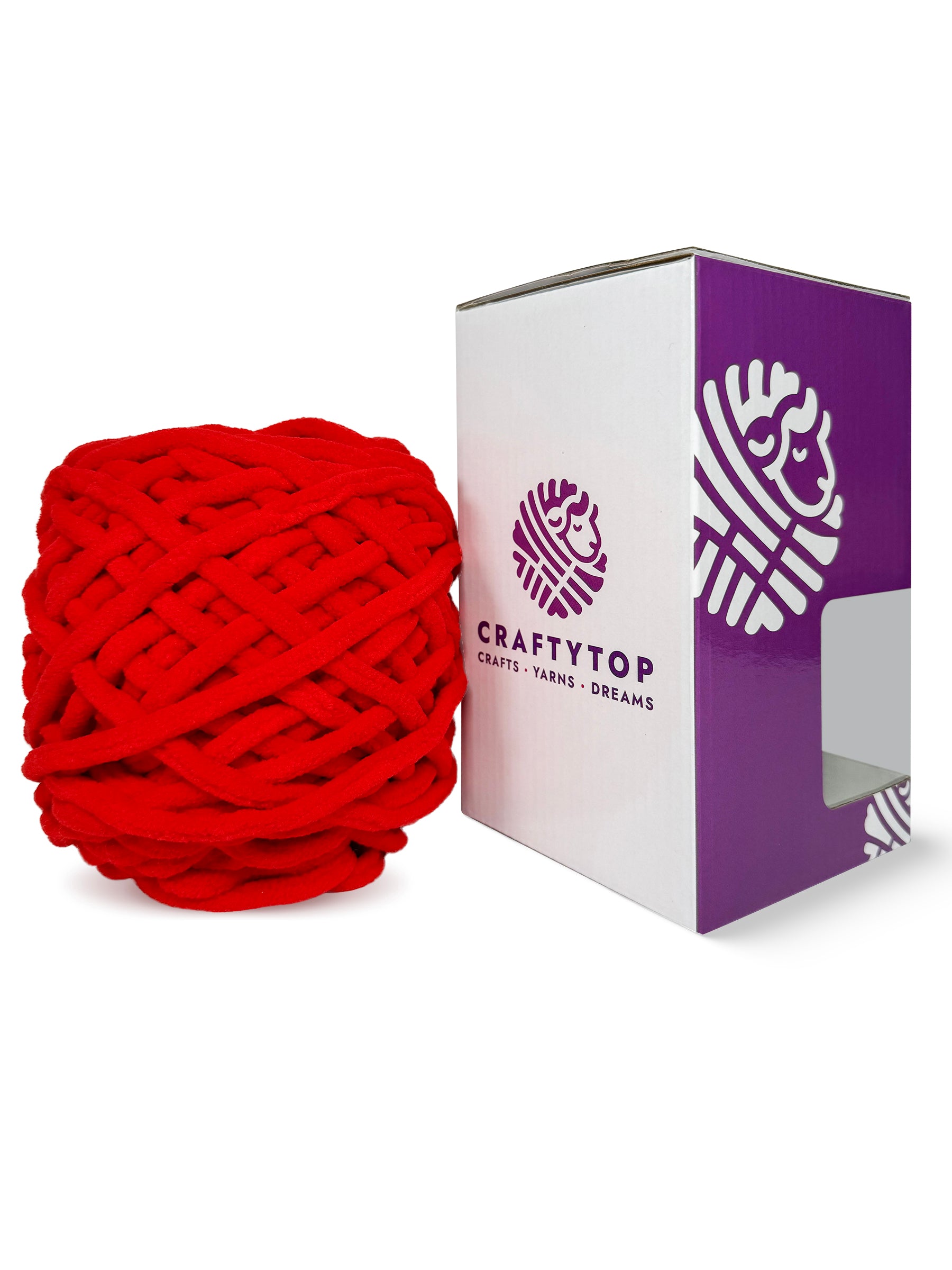 Craftytop Red Kiss, a deep red chenille yarn skein outside the box, showcasing its thick and velvety fibers for knitting