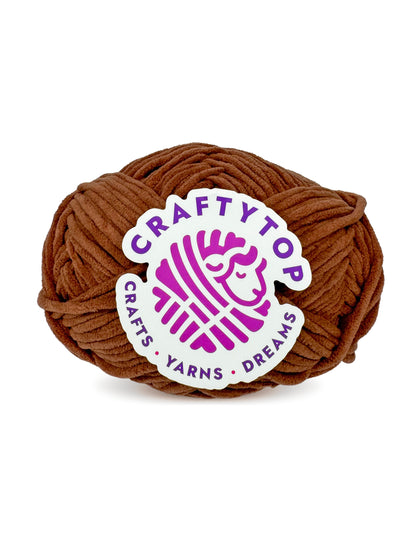 Craftytop velvet yarn skein in Walnut Shine color, a soft brown yarn with a label, perfect for knitting and crochet projects