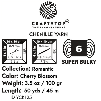 Craftytop Cherry Blossom Super Bulky Chenille Yarn - soft yarn ideal for knitting, crochet, with weight, length, and care info.