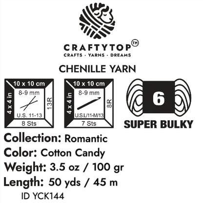 Craftytop Cotton Candy Super Bulky Chenille Yarn - pastel pink white yarn perfect for knitting, crochet, with weight, length, and care info.