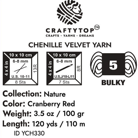 The product label for Craftytop velvet yarn in Cranberry Red color, showing detailed product information like weight and care instructions