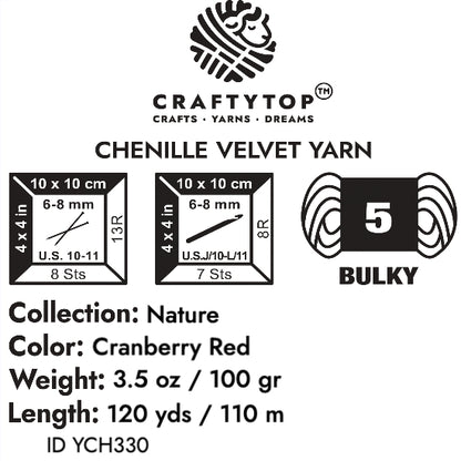 The product label for Craftytop velvet yarn in Cranberry Red color, showing detailed product information like weight and care instructions