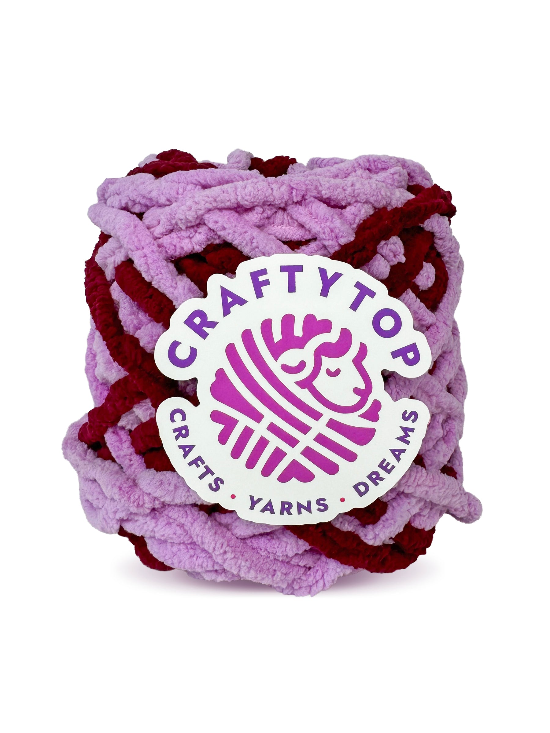 Craftytop super bulky chenille yarn skein in Cherry Blossom, a blush cherry purple yarn with a label, ideal for knitting and crochet projects