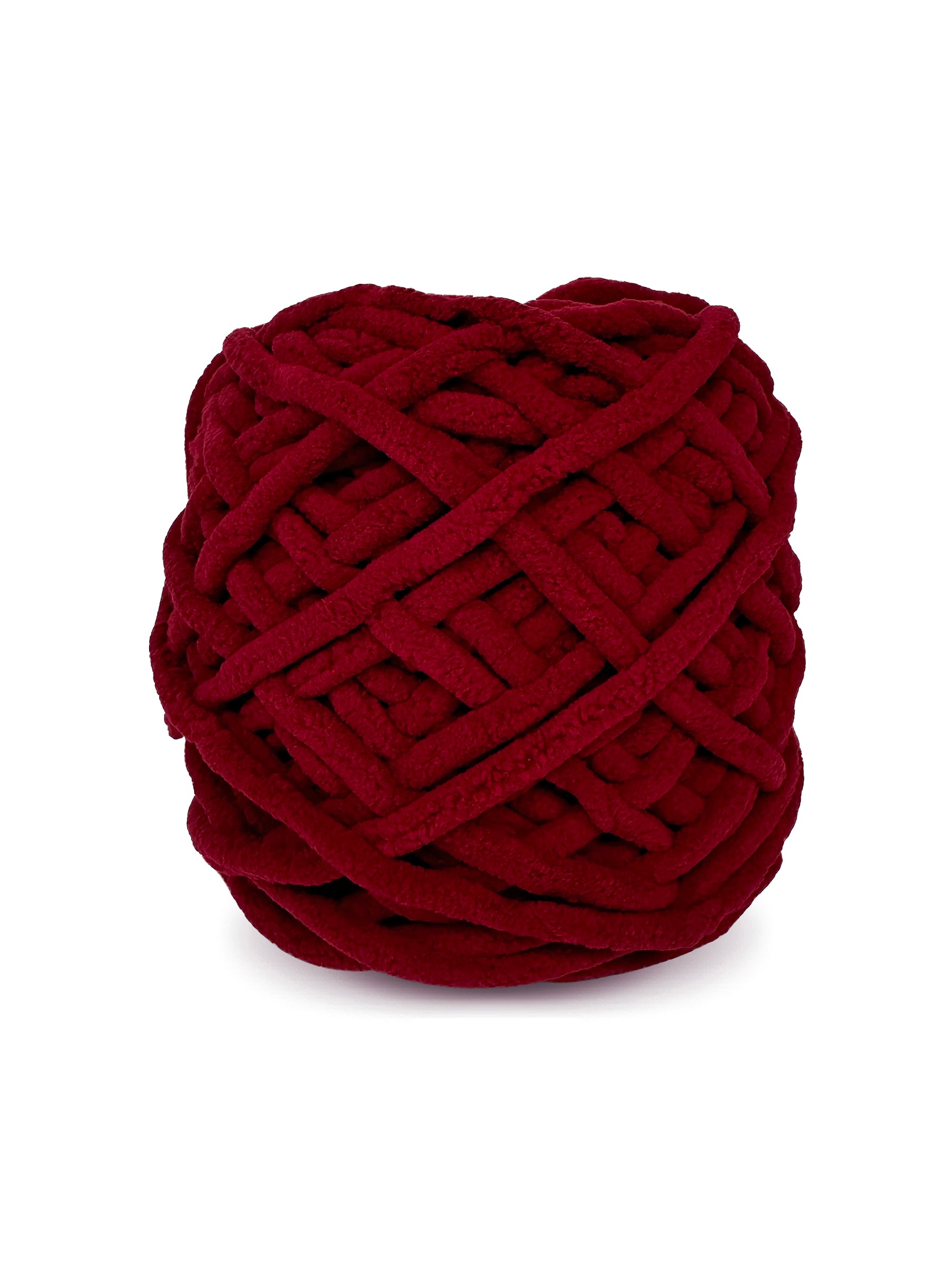 Close-up of Craftytop Ruby Romance, a romantic ruby red chenille yarn skein, highlighting its soft texture and plush fibers
