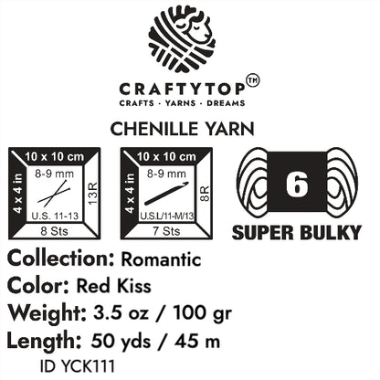 Craftytop Red Kiss Super Bulky Chenille Yarn - bright red yarn perfect for knitting, crochet, with weight, length, and care info.
