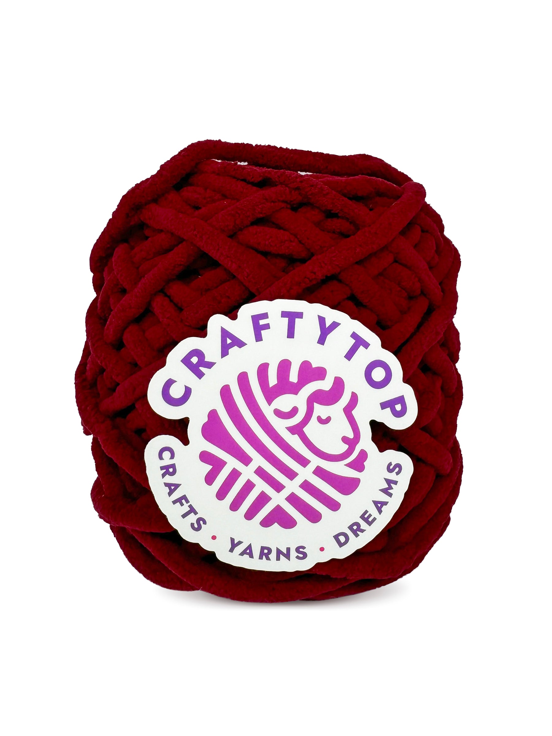 Craftytop super bulky chenille yarn skein in Ruby Romance, a romantic ruby red yarn with a label, ideal for knitting and crochet projects