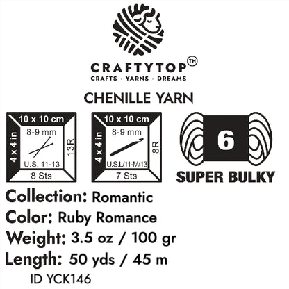 Craftytop Ruby Romance Super Bulky Chenille Yarn - romantic ruby red yarn ideal for knitting, crochet, with weight, length, and care info.
