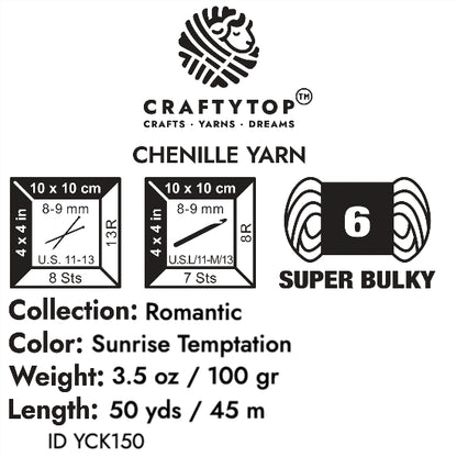 Craftytop Sunrise Temptation Super Bulky Chenille Yarn - multicolor yarn perfect for knitting, crochet, with weight, length, and care info.