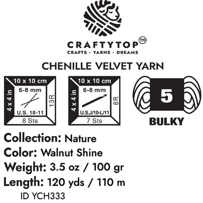 The product label for Craftytop velvet yarn in Walnut Shine color, showing detailed product information like weight and care instructions