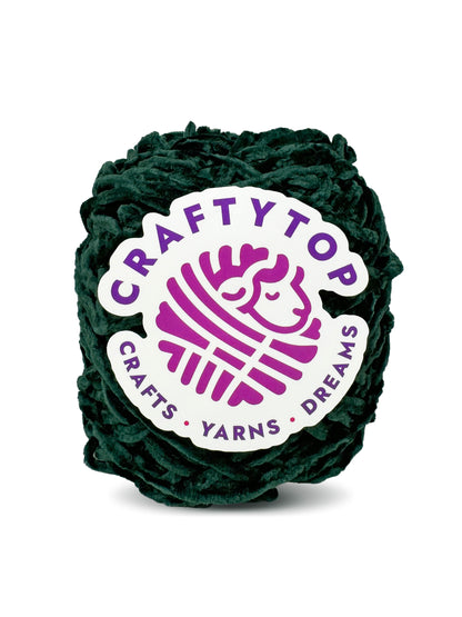 Craftytop logo on worsted baby velvet yarn skein in Cosmos Jungle green