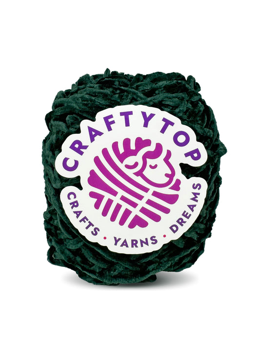 Craftytop logo on worsted baby velvet yarn skein in Cosmos Jungle green