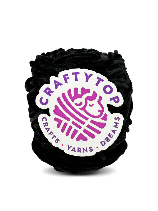 Craftytop baby velvet yarn skein with label – Quantum Black