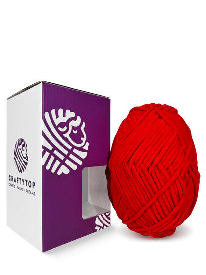 Craftytop velvet yarn in Cranberry Red color displayed outside the box, ideal for creating cozy knitting or crochet designs