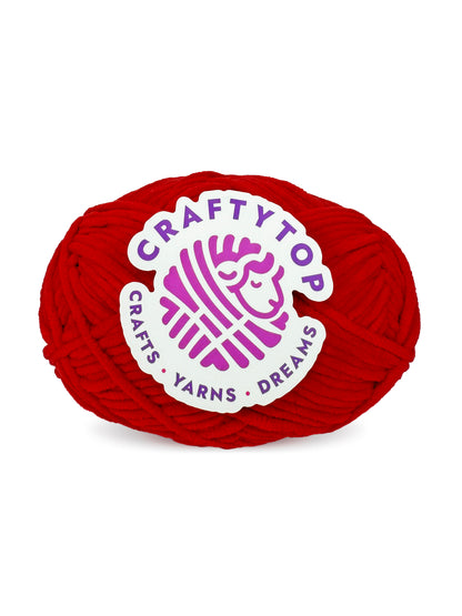 Craftytop velvet yarn skein in Cranberry Red color, a soft bright red yarn with a label, perfect for knitting and crochet projects