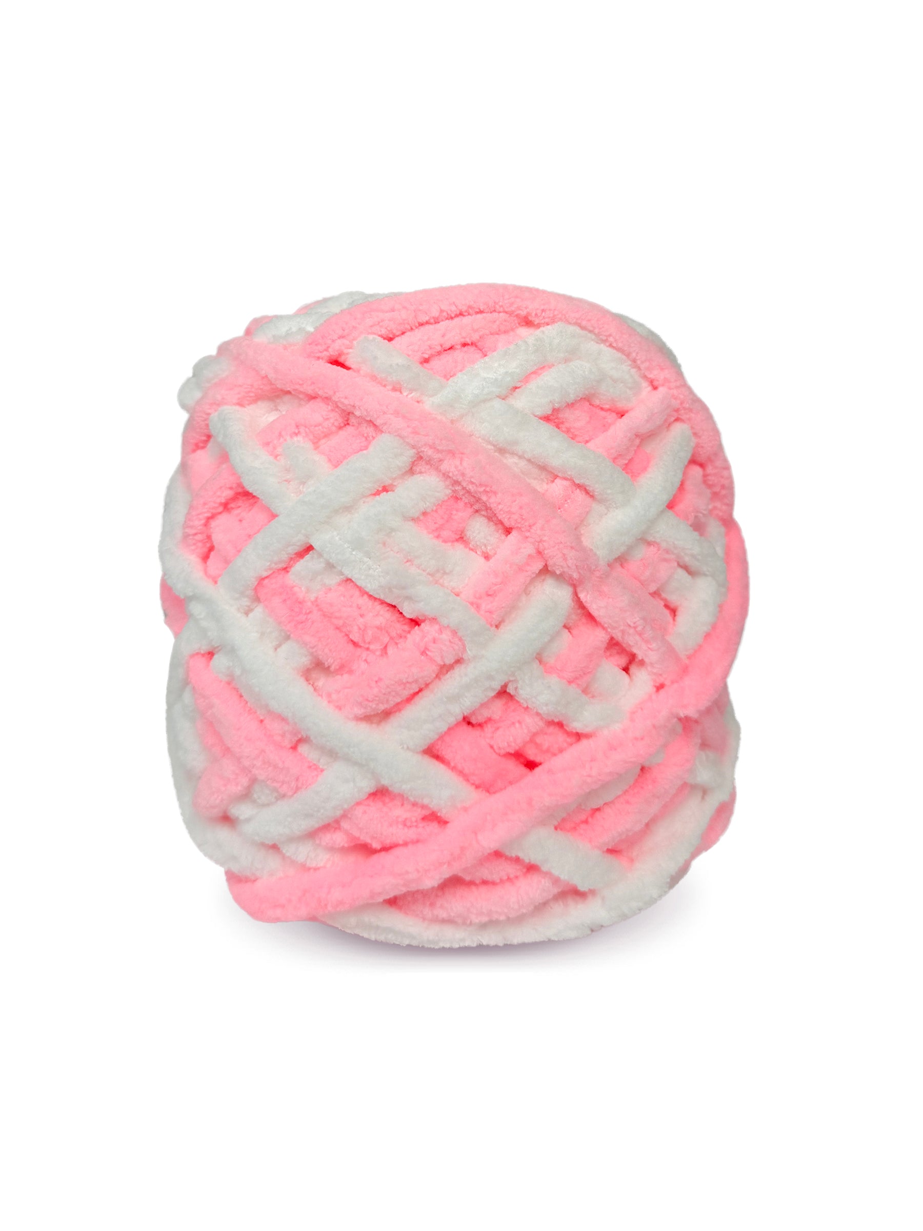 Close-up of Craftytop Cotton Candy, a cotton candy pink chenille yarn skein, highlighting its soft texture and plush fibers