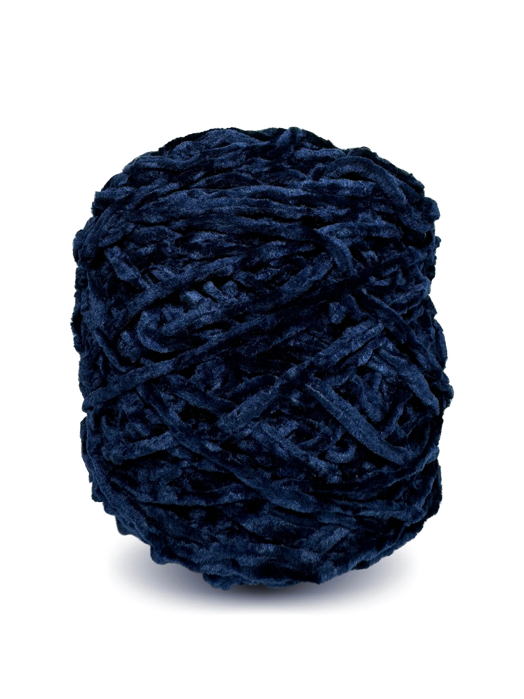 Side view of dark navy blue velvet yarn skein – Starless Night Sky