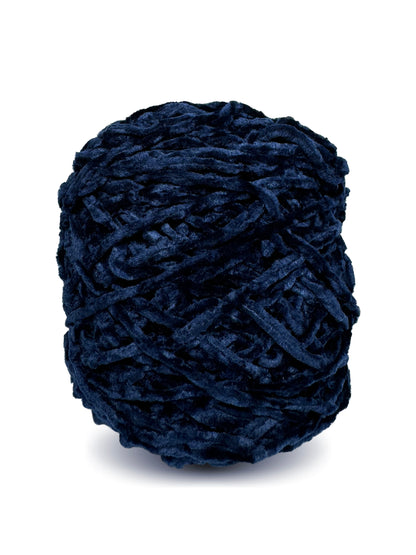 Side view of dark navy blue velvet yarn skein – Starless Night Sky